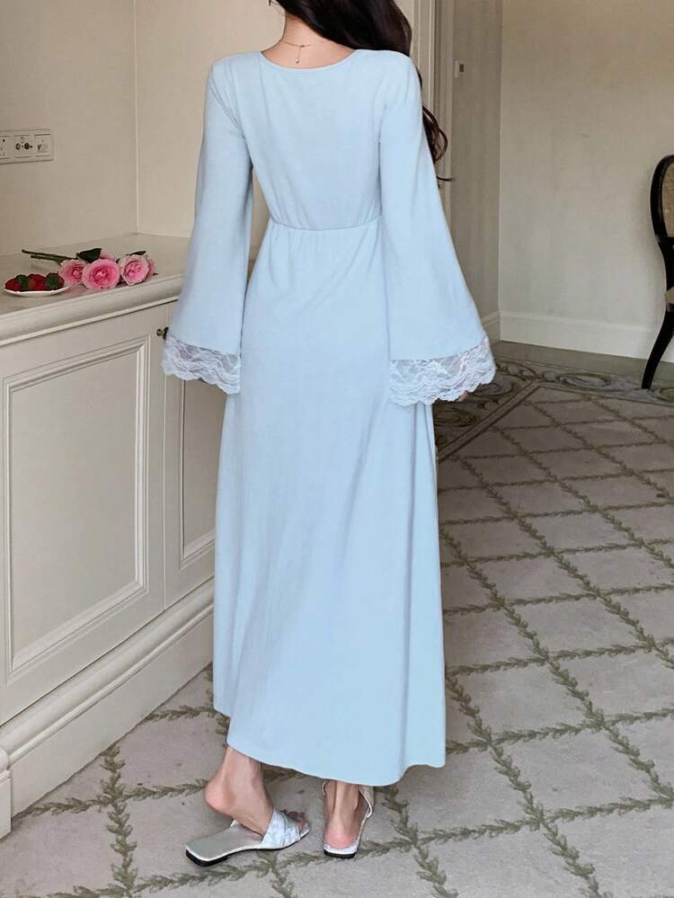 Women's Romantic Waist Cinched Lace Patchwork Brushed Long Nightgown, Autumn/Winter, Fall Pajama