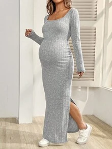 SHEIN Maternity Solid Color Twist Back Hollow Out Side Slit Hem Ribbed Fitted Casual Dress - Grey - View 3