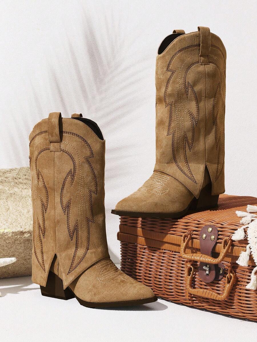 Styleloop Embroidered Pattern Western Boots For Women, Mid-Calf, Western Style, Suitable For Summer Music Festival Outfits - Brown - View 1