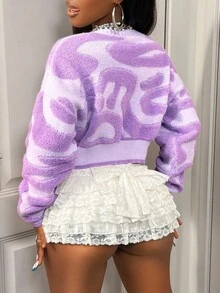 BamGleam Áo khoác len cardigan ngắn cho nữ, phong cách thể thao thường ngày, tay dài, thu/đông - Màu tím - Xem 2