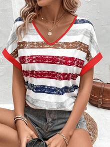 SHEIN LUNE 夏季女款拼色条纹蝙蝠袖T恤图案T恤上衣 - 彩色 - 查看 5