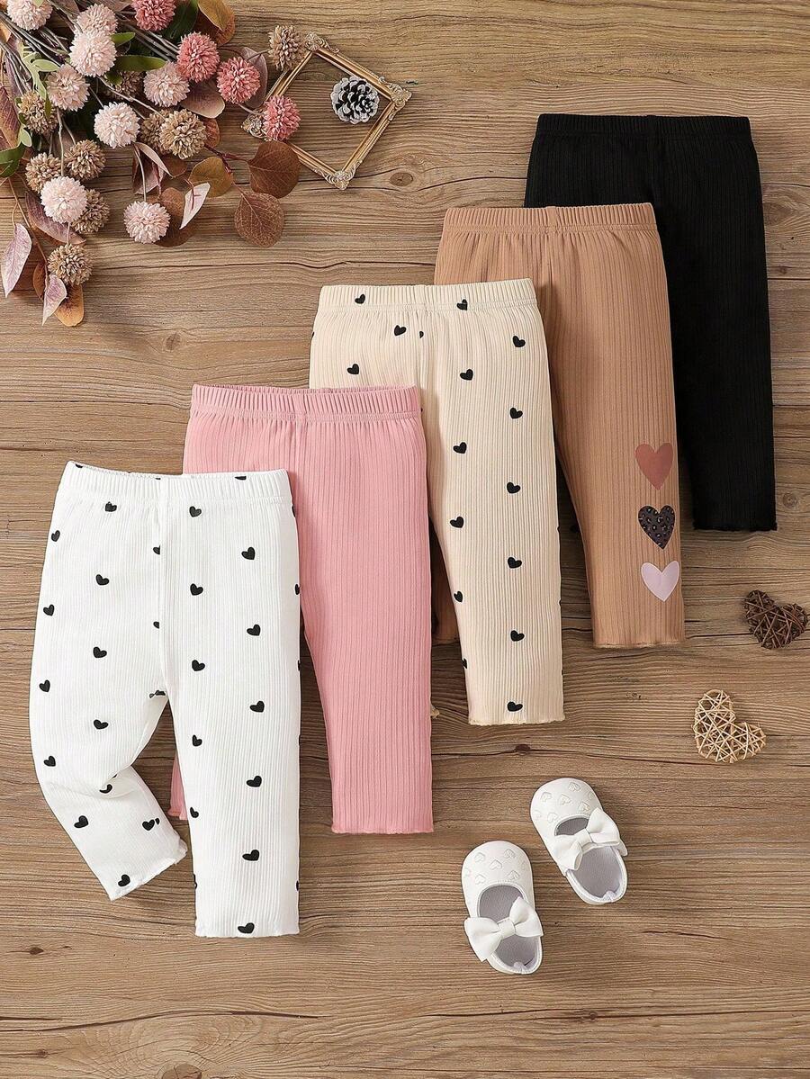 SHEIN Vintaside Kids 5件套女婴可爱心形打底裤，柔软舒适，有弹性，亲肤，秋冬时尚必备，多色可选 - 彩色 - 查看 1