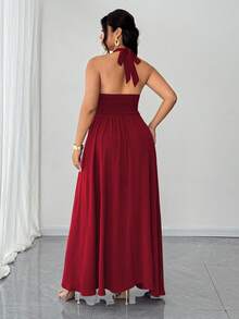 Elenzga Đầm hở lưng gợi cảm cổ chữ V sâu màu trơn cỡ lớn dành cho nữ - Đỏ - Xem 6