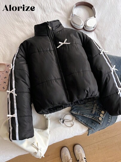 Manteau court rembourré avec col montant, décoration de nœud en ruban noir, décontracté pour préadolescentes et adolescentes, chaud