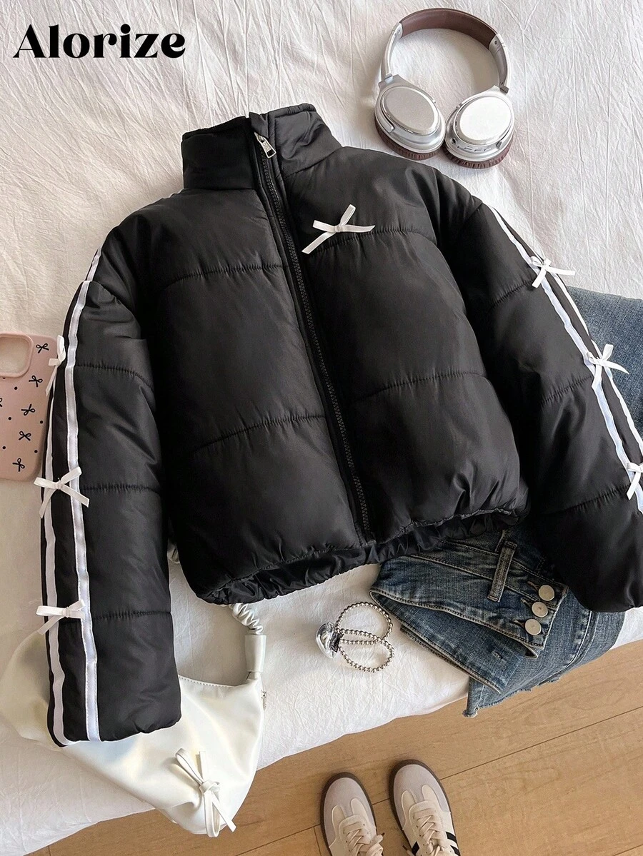 Manteau court rembourré avec col montant, décoration de nœud en ruban noir, décontracté pour préadolescentes et adolescentes, chaud