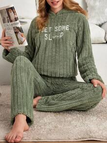 EURMUSE Conjunto de pijama de 2 piezas para mujer con detalle bordado de letras, con capucha y suave felpa para estar en casa - Verde - Ver 5