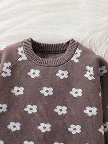 SHEIN Vintaside Kids 女童和幼儿休闲时尚可爱卡通花朵毛衣和毛衣+毛衣裤羊毛套装，适合旅行和外出 - 咖啡棕 - 查看 5