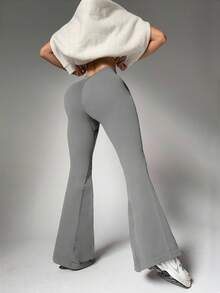 Damen einfarbige Sporthose mit geraffter Taille und weitem Bein, tiefem V-Ausschnitt