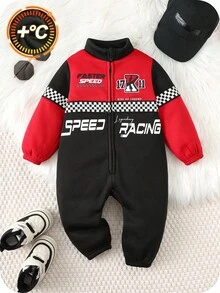 SHEIN 婴儿男女童秋冬服装套装，连体衣，服装，加厚抓绒撞色立领长袖赛车连体衣，舒适百搭时尚休闲街头风，适合室内、户外滑雪、日常穿着、运动、玩耍、派对、拍照、节日、万圣节、圣诞节、新年、赛车驾驶、赛车夹克婴儿运动服两件套，新生儿男婴汽车印花长袖连体衣，婴儿摩托车服，婴儿街头赛车服 - 黑色 - 查看 4