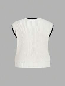 SHEIN MOD Plus Size Black Hand-Knitted Floral Contrast Trim Sleeveless Sweater Top,Autumn Clothes,Fall Clothes,Winter Clothes,Cute,Chic - Apricot - View 2