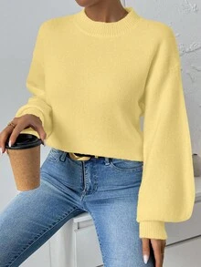 女士浅黄色圆领落肩羊毛混纺套头毛衣 - Butter Yellow - 查看 6