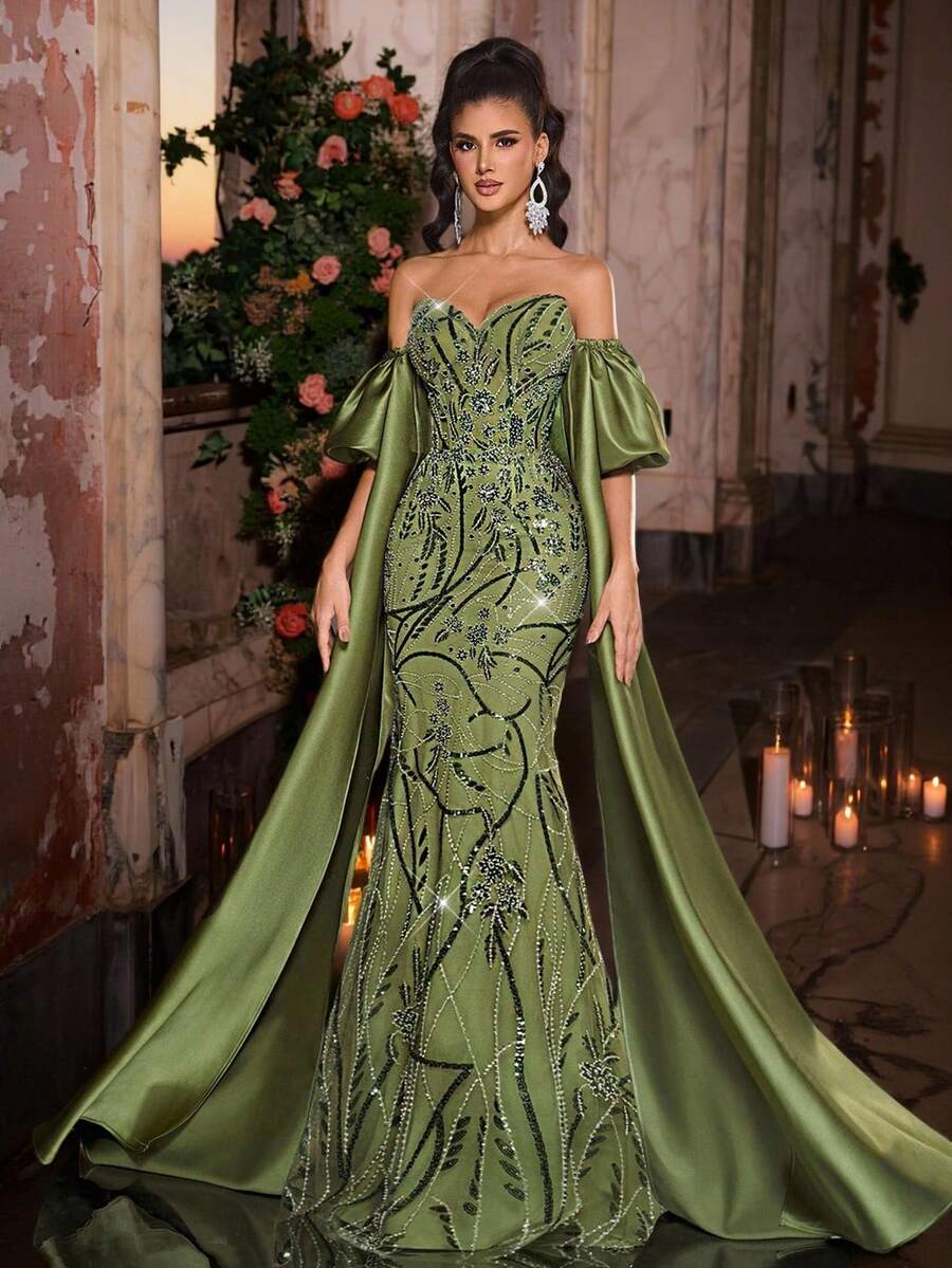 Glamrae Elegant Multi-Color Grass Green Luxurious 3D Beaded Sequined Tube Top Mesh Fishtail Evening Dress With Detachable Lantern Sleeves For Weddings,Parties