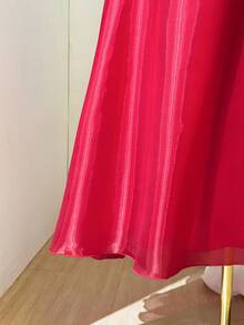 Flirla Plus Size Women 2 Pieces Set: Solid Color Floral Decor Elegant Top & Mesh Midi Skirt - Red - View 6
