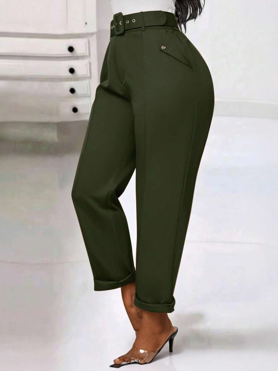 Zolique Women's Casual Slim Fit Trousers With Belt, Autumn - Army Green - View 1