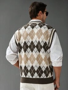OTTIMOZO Men's Argyle Pattern Color Block V-Neck Knit Sweater Vest For Men Crochet Set Sleeveless Sweater Men Knit Tops Jumper For Men, Fall Winter - Multicolor - View 8