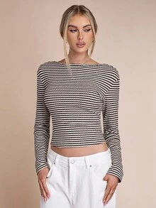 SHEIN BAE Women's Contrasting Striped Backless Long-Sleeved T-Shirt, Autumn Women's Clothing, Winter Women's Clothing, Apricot Striped Women's Tops, Going Out Tops, Striped Off-The-Shoulder Tops, Women's Casual Tops, Long-Sleeved T-Shirts,Winter Clothes,Sexy Top, Thanksgiving Shirt - Coffee Brown - View 3