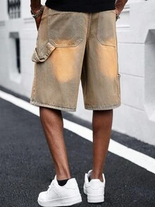 Manfinity Roghcode Men's Loose Fit Cargo Pocket Drawstring Waist Denim Bermuda Shorts Boyfriend & Husband Vintage Washed Loose Wide Leg For Street Denim Shorts - Yellow - View 2
