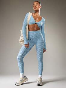 MISSGUIDED Striped Long Sleeve Cropped Twist Front Athletic Tank Top For Active Training Workout - Multicolor - View 4