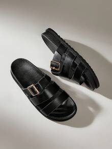 Solecia 2025 Summer New Arrival Women's Fashion H-Shape Black Rivet Platform Soft Bottom Sandals, Closure, Versatile Strap Non-Slip Open Toe Flat Sandals - Black - View 6