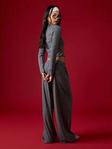 MISSGUIDED 条纹长袖短款上衣和高腰阔腿裤搭配套装，适合秋冬穿着 - 彩色 - 查看 2