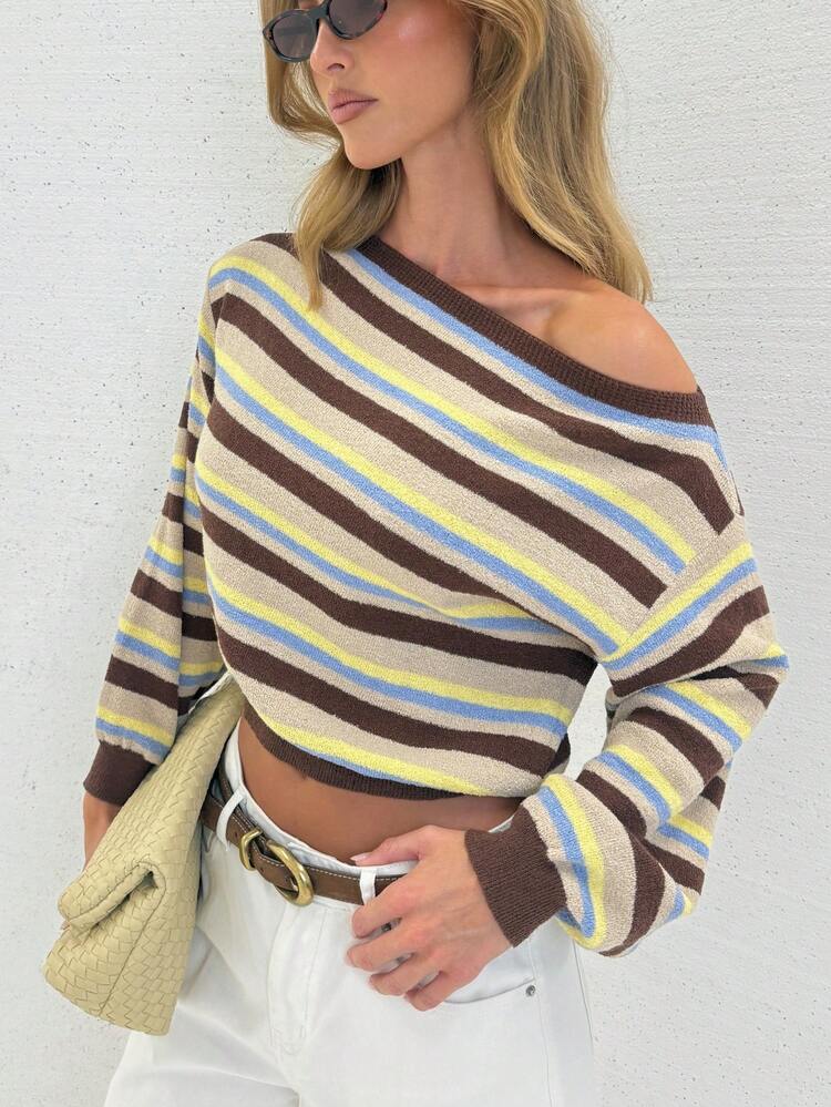 Striped Off Shoulder Cropped Knit Top