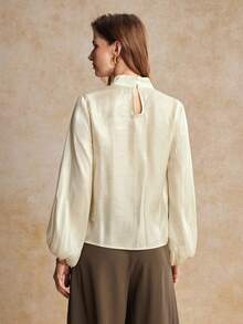 House of One Turtleneck Draped Bishop Sleeves Shiny Top Women Spring Autumn Casual Elegant Wear