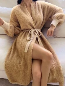 DAZY Women's Long Plush Faux Mink Belted Robe, Warm Home Dress For Winter, Fall Pajama, Cozy Outfit - Camel - View 9