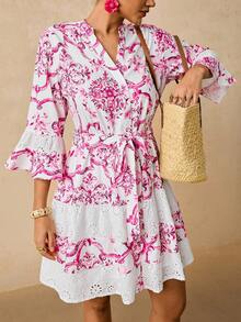 Travachic Plus Size Romantic Pink Floral Print Mandarin Collar 3/4 Sleeve Embroidered Patchwork Belted A-Line Short Dress, New Arrival For Autumn - Pink - View 7
