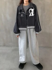 FRIFUL 女式常规领口正面图案字母撞色印花侧条纹装饰宽松短款棒球夹克，哥特式万圣节秋冬服装 - 藏蓝色 - 查看 6