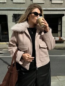 Auralis Plus Size Women's Autumn And Winter Fashion Casual Loose Comfortable Daily Warm Plush Patchwork Pocket Khaki Jacket, Plush Detachable Jacket,Women's Winter Clothes,Winter Coats