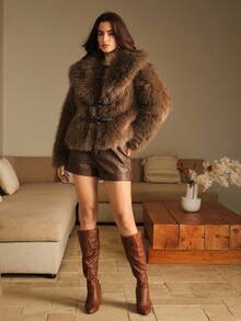 Anewsta 复古仿毛领夹克，秋冬时尚单品 - 棕色 - 查看 11