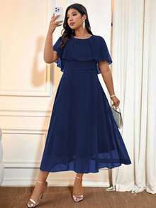 Cravure 女士加大码圆领宽松纯色优雅长款雪纺连衣裙夏季女装春装优雅正式女装婚礼女装婚礼宾客