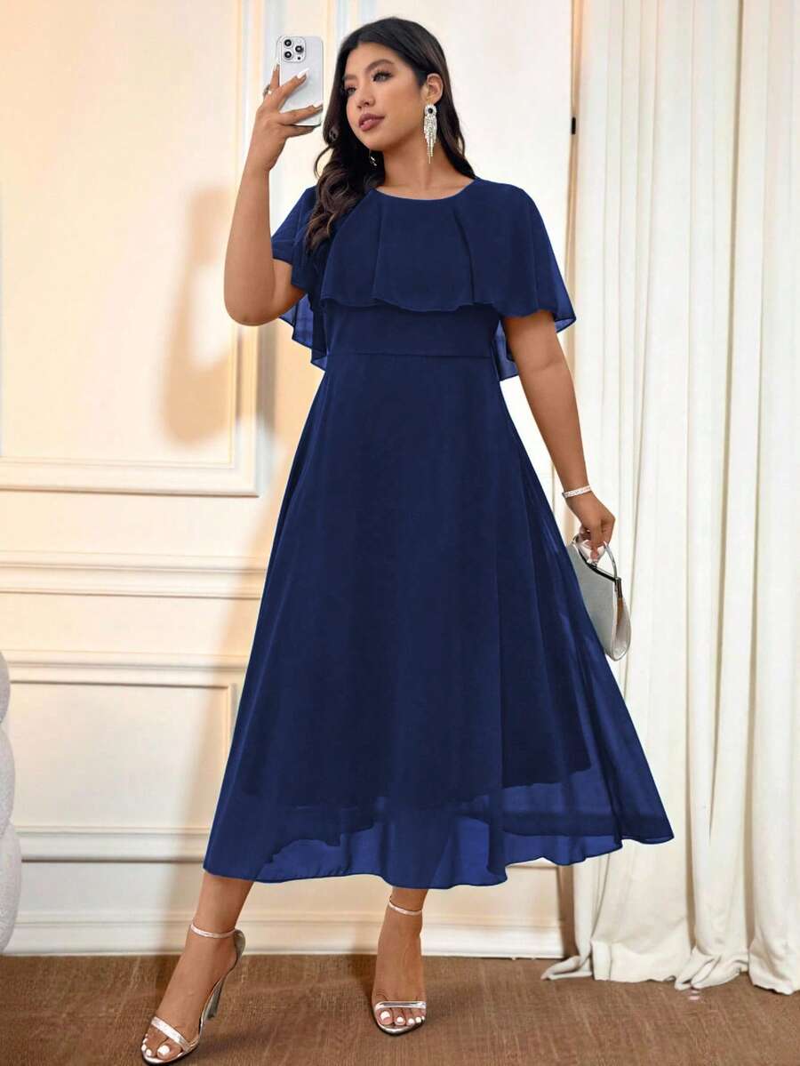 Cravure 女士加大码圆领宽松纯色优雅长款雪纺连衣裙夏季女装春装优雅正式女装婚礼女装婚礼宾客