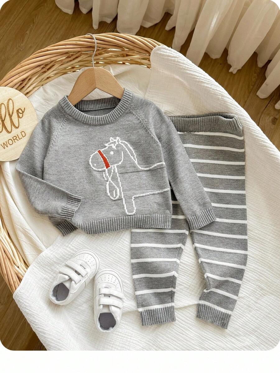 SHEIN 2pcs Baby Boy/Girl Cute Cartoon Animal Intarsia Knit Soft Round Neck Long Sleeve Pullover Top And Pants Set, Black, Autumn/Winter Fall