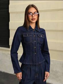 Jeanoix Women's Solid Color Minimalist Everyday Long Sleeve Denim Jacket