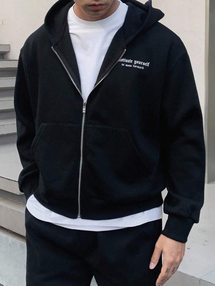 Men's Zip Up Hoodie Sweatshirt With Graffiti Big Letter Print, Streetwear Style, Thermal Lining, Autumn/Winter