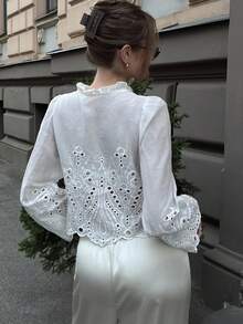 Pariaura Casual Versatile Solid Color Hollow Embroidery Lace-Up Shirt