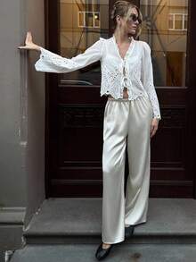 Pariaura Casual Versatile Solid Color Hollow Embroidery Lace-Up Shirt