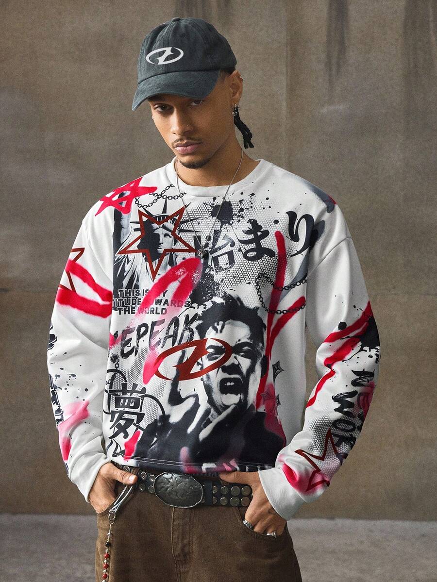 AXEPEAK Herren Lässig Pullover mit Buchstaben- und Ziffern-Muster, Rundhalsausschnitt, Langarm, Fleece, für Herbst und Winter - Weiss - Übersicht 1