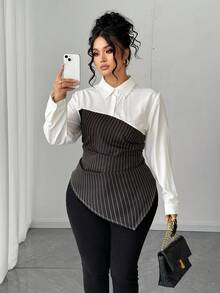 Elenzga Plus Size Women Solid Color Patchwork Long Sleeve Casual Shirt, Pleated Asymmetric Hem Autumn Blouse, Elegant/Office/Date Wear, Two Pieces Striped Shirt. Long Sleeve Shirt For Autumn Fall Cloth For Women