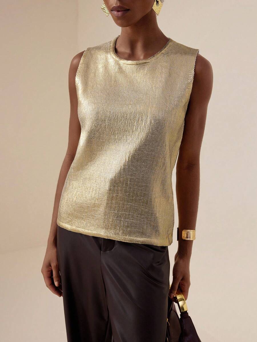 Vesra Metallic Sleeveless Fitted Crew Neck Sweater Top For Women - Gold - View 1