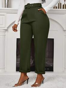 Zolique Women's Casual Slim Fit Trousers With Belt, Autumn - Army Green - View 3