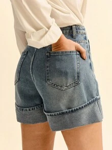 Daynim 女士休闲度假卷边牛仔短裤 - 中等水洗藍 - 查看 2