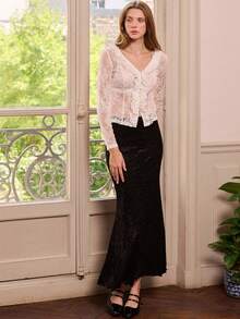 lacRébo Romantic White Lace Blouse With Front Buttons And Ruffle Fall Women Clothes Autumn Winter - White - View 2