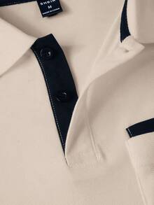 Manfinity Homme Men's Contrast Trim Button Polo Shirt, Casual Summer Short Sleeve Mens Casual Tops Mens Golf Shirt