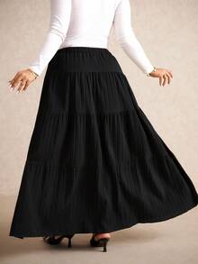 Elaquor Saia Casual Evasê com Cintura Elástica e Babado na Barra para Mulheres Plus Size, Conjunto Casual Feminino, Saia Casual, Roupas de Inverno para Mulheres - Preto - Visão 2