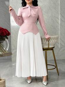 Feyla Women's Tie Collar Long Sleeve Contrast Color Pleated Hem Elegant Dress