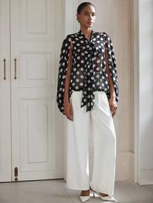 Aveloria Modichic Áo sơ mi tay dài chấm bi thiết kế theo phong cách poncho cổ điển, nhẹ, rộng rãi, có dây rút - Nhiều màu - Xem 4