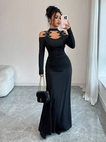 Elenzga Black,Autumn,Elegant,Dining New Fashion Embroidered Lace Floral V-Neck A-Line Mermaid Hem Dress,Striped Waist Fitted Long Dress For Party - Black - View 1