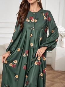 Al Najma Women's Casual Vacation Style Floral Print Lantern Sleeve Flowy Hem Loose Arabic Dress, Spring/Autumn Hosting Jalabiya - Green - View 2
